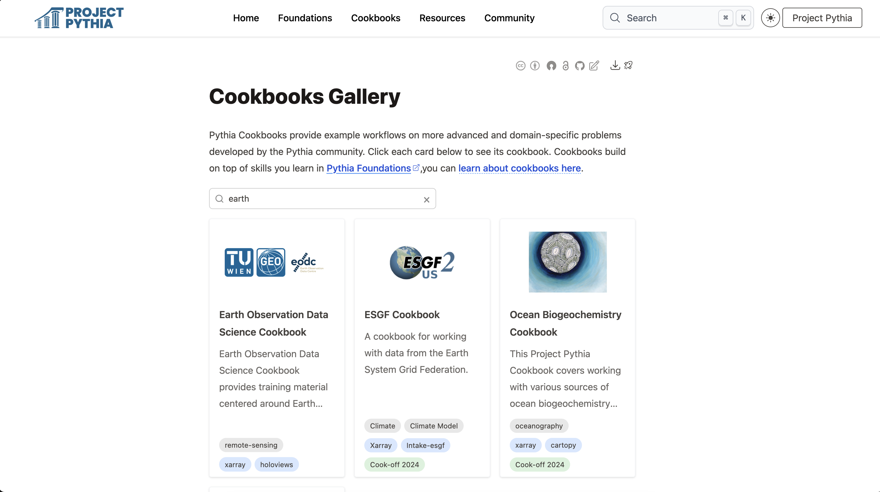 The Project Pythia cookbook gallery with cards for several cookbooks